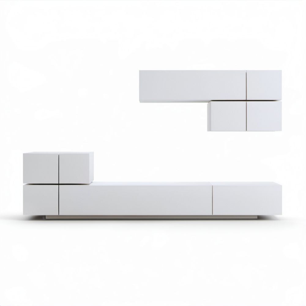 Biały zestaw szafek RTV z płyty wiórowej laminowanej, 4 moduły, szafka dolna 240 x 40 x 40 cm