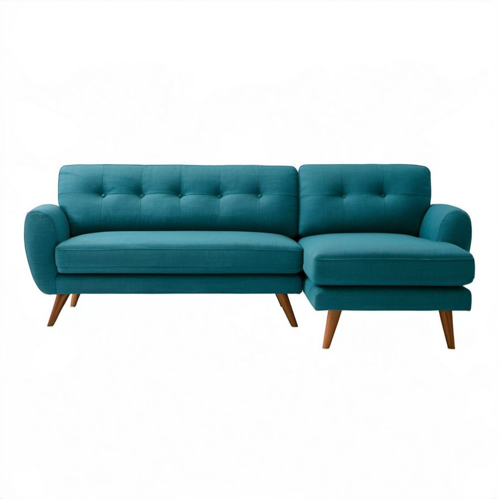 Turkusowa sofa narożna z prawym szezlongiem, tapicerowana, 220 x 150 x 85 cm