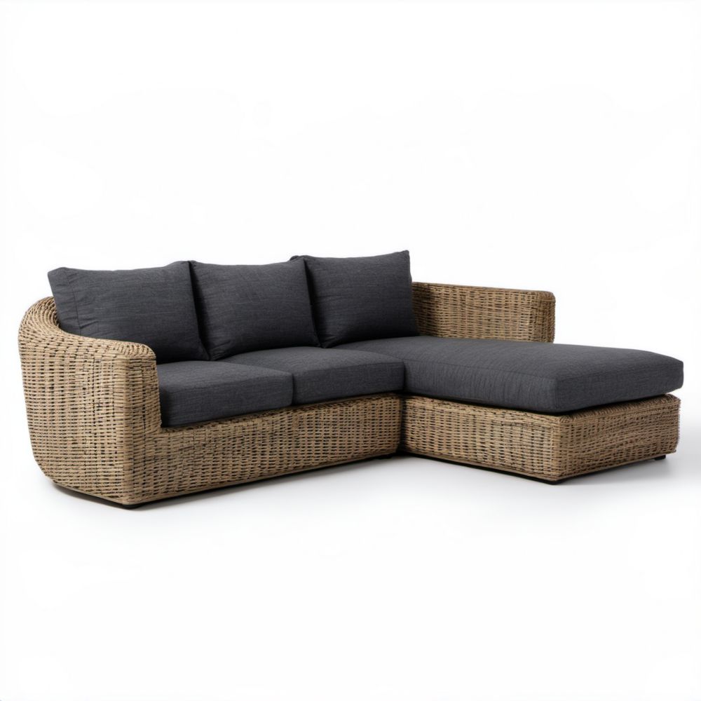 Prawostronna 3-osobowa sofa narożna ogrodowa z technorattanu, beżowa z grafitowymi poduszkami, 220 x 150 x 85 cm