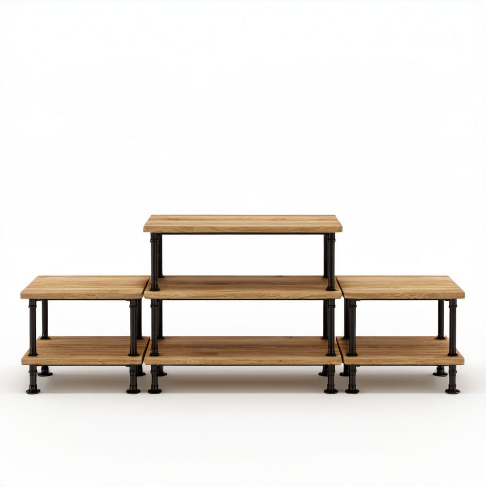 Zestaw 4 prostokątnych stolików kawowych z drewna sosnowego i czarnej stali, 200 x 60 x 90 cm