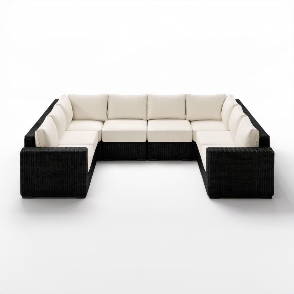 Modułowy 7-osobowy zestaw sof ogrodowych z technorattanu, czarny/kremowy, 350 × 210 × 63 cm