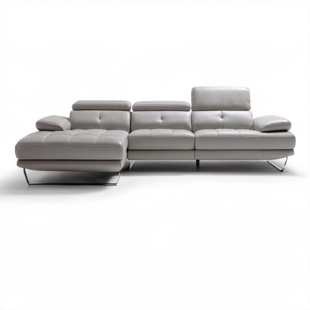 Jasnoszara sofa narożna ze skórą PU, lewostronnym szezlongiem i chromowanymi nogami, 300 × 170 × 85 cm