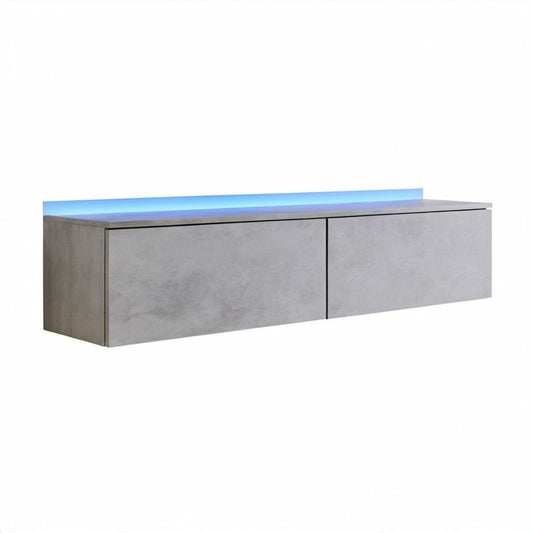 Wisząca szafka RTV z płyty wiórowej laminowanej, szara, z niebieskim oświetleniem LED, 160 x 40 x 40 cm