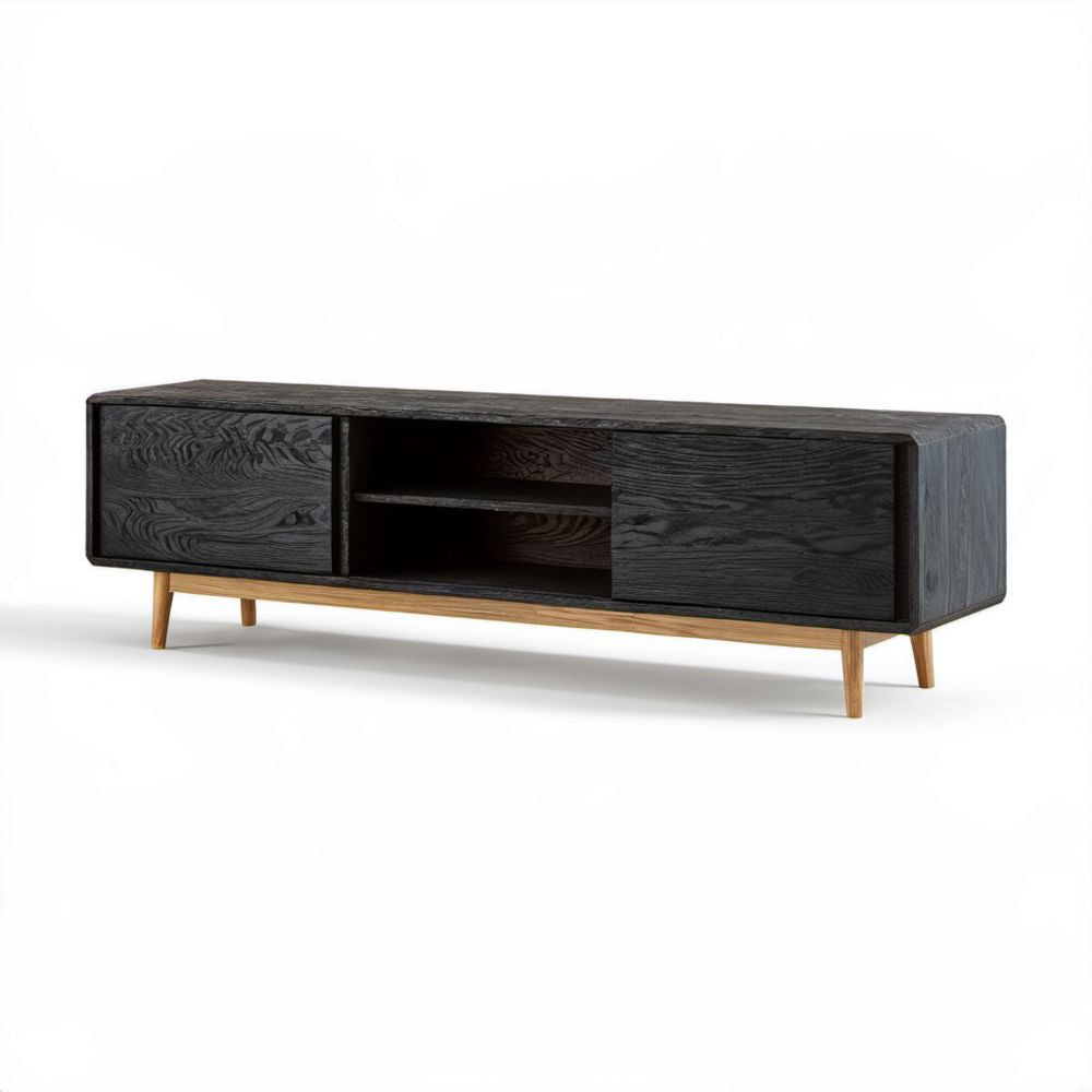 Czarna szafka RTV z fornirem dębowym i drewnianymi nóżkami 180 x 40 x 55 cm