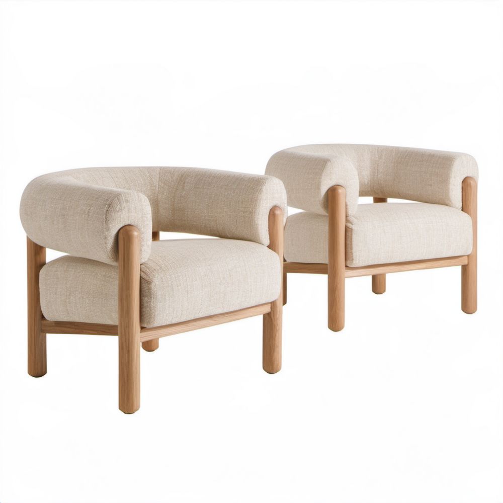 Zestaw 2 foteli wypoczynkowych ecru z tkaniny na drewnianym stelażu, 72 x 76 x 75 cm
