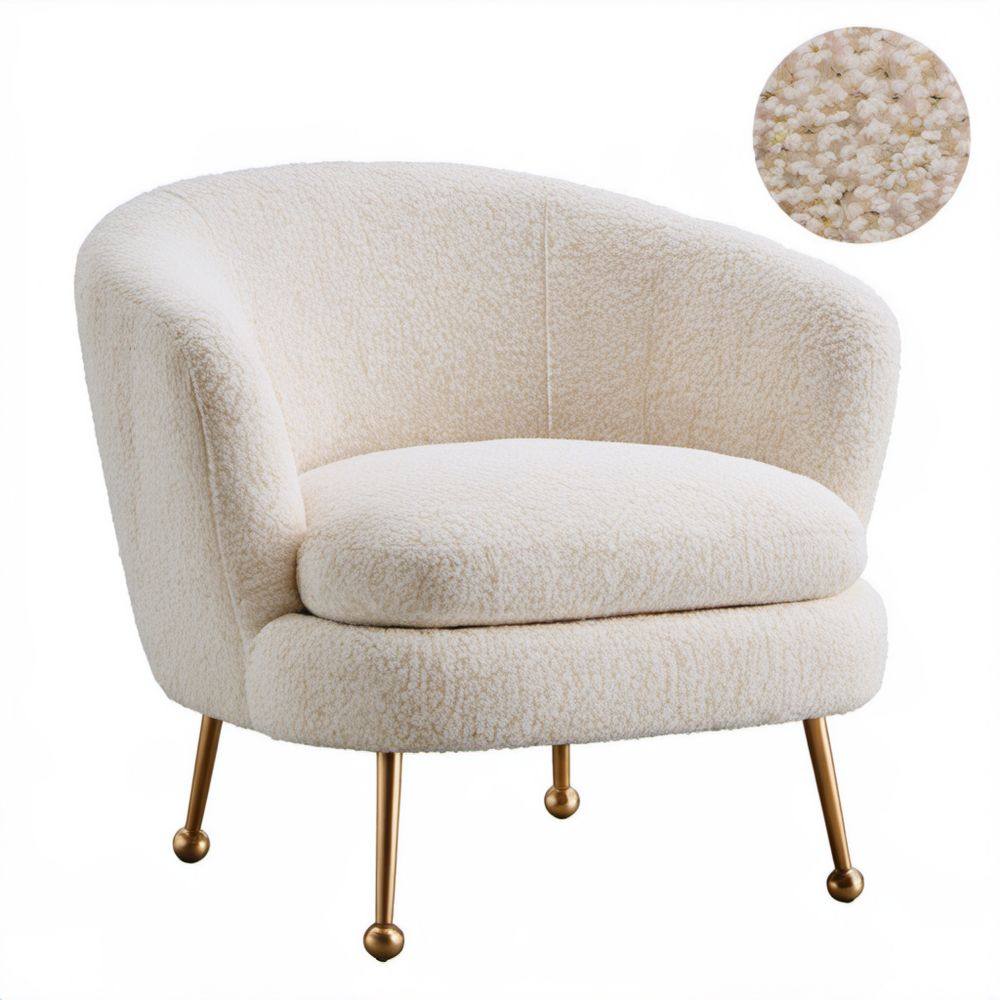 Fotel klubowy kremowy z tkaniny bouclé na złotych stalowych nogach 76 x 74 x 75 cm