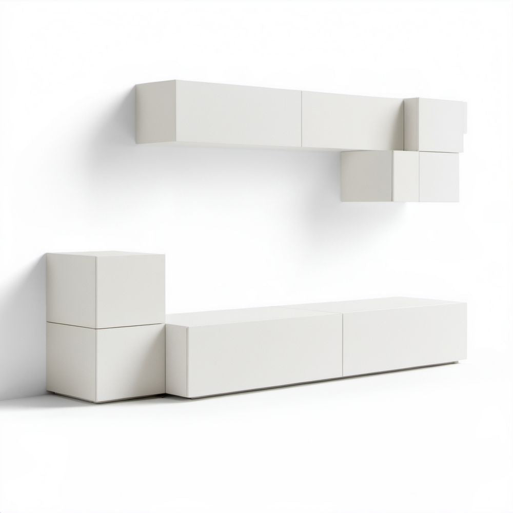 Biały zestaw mebli RTV z płyty laminowanej 240 × 180 × 40 cm, 5 elementów