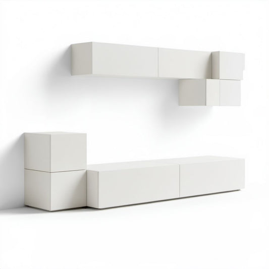 Biały zestaw mebli RTV z płyty laminowanej 240 × 180 × 40 cm, 5 elementów