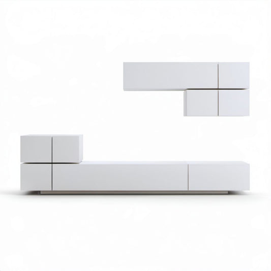 Biały zestaw szafek RTV z płyty wiórowej laminowanej, 4 moduły, szafka dolna 240 x 40 x 40 cm