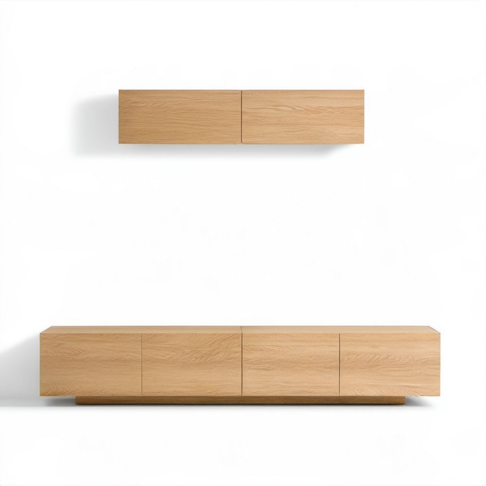 Zestaw szafek RTV z płyty MDF: stojąca 200 × 40 × 45 cm i wisząca 100 × 30 × 28 cm, dąb jasny