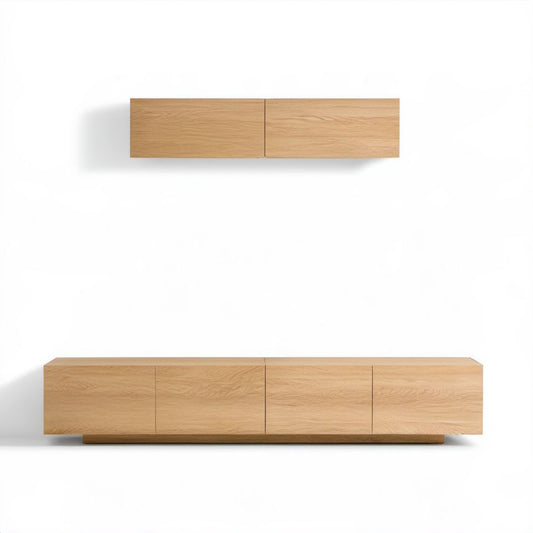 Zestaw szafek RTV z płyty MDF: stojąca 200 × 40 × 45 cm i wisząca 100 × 30 × 28 cm, dąb jasny