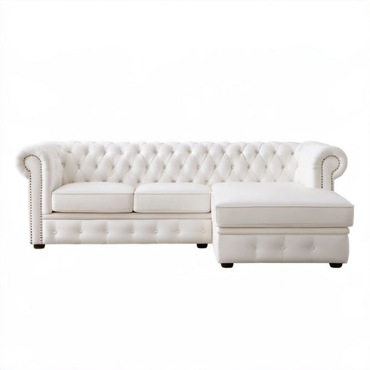 Biała sofa narożna Chesterfield ze skóry syntetycznej PU, prawostronna, 270 x 170 x 78 cm