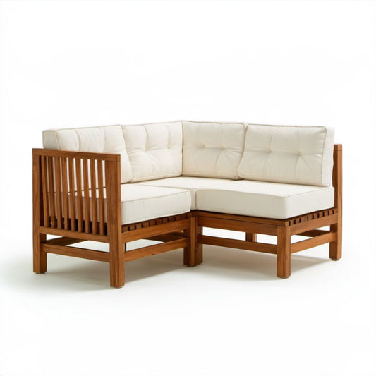 Ogrodowa sofa narożna L z poduszkami z litego drewna akacjowego, brązowo-kremowa, 140 x 140 x 70 cm