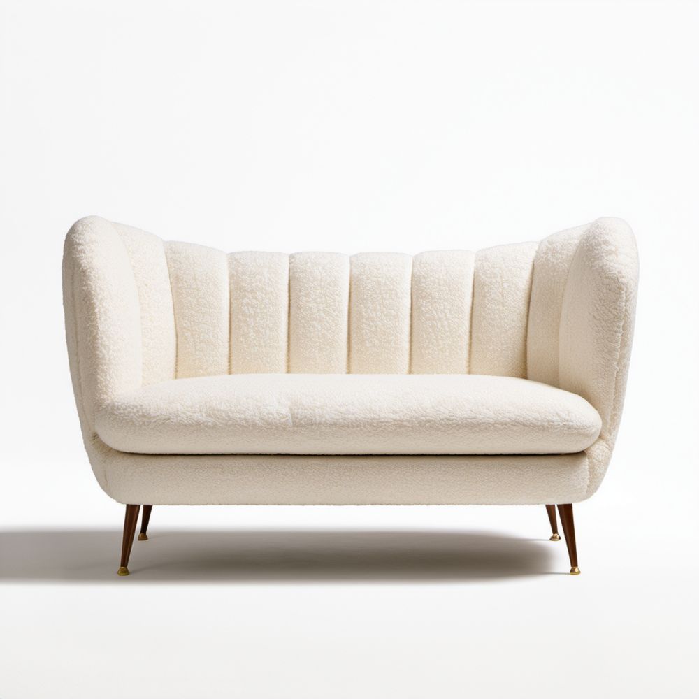 Dwuosobowa sofa kremowa z poliestru bouclé, zaokrąglona, 150 x 80 x 78 cm