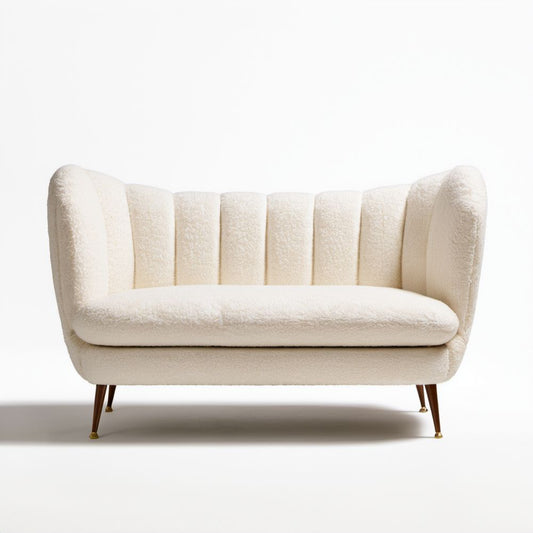 Dwuosobowa sofa kremowa z poliestru bouclé, zaokrąglona, 150 x 80 x 78 cm