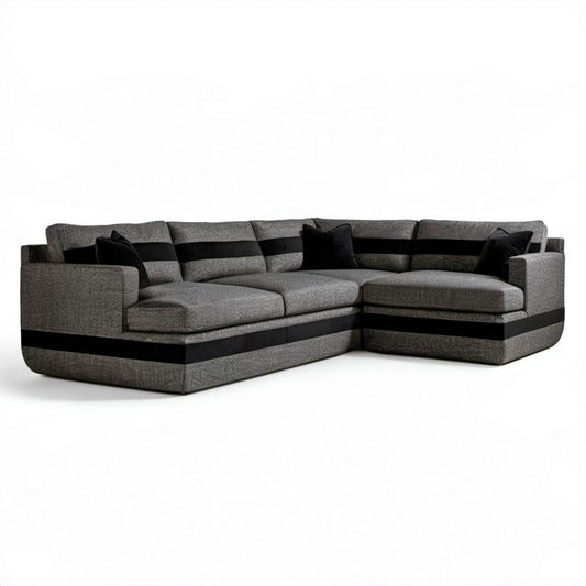 Szara sofa narożna w kształcie L z tapicerką poliestrową i wstawkami PU, 280 x 210 x 85 cm
