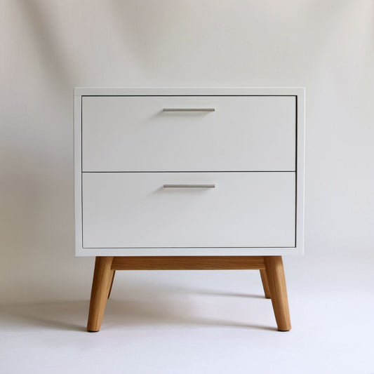 Biała szafka nocna z MDF na drewnianych nogach, 2 szuflady, 60 × 40 × 65 cm