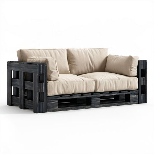2-osobowa sofa ogrodowa z litego drewna sosnowego i tkaniny, czarno-beżowa, 120 x 80 x 65 cm