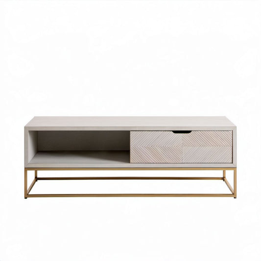 Prostokątna szafka RTV jasnobeżowa ze złotą stalową podstawą, płyta laminowana MDF, 120 x 40 x 55 cm
