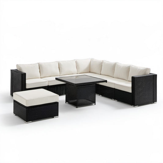 Ogrodowy zestaw mebli rattanowych PE: sofa narożna 230 × 180 cm, stolik ze szkłem i pufa, czarny/kremowy