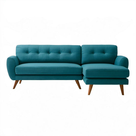 Turkusowa sofa narożna z prawym szezlongiem, tapicerowana, 220 x 150 x 85 cm