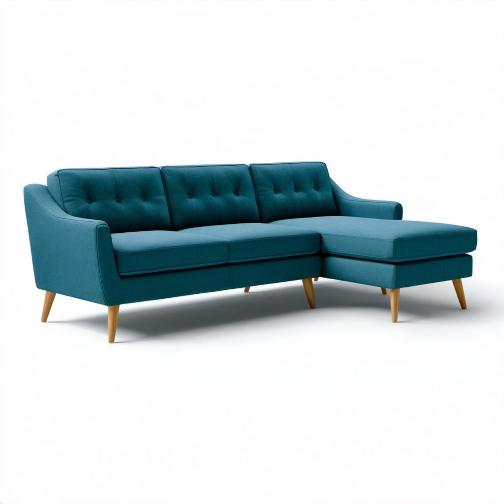 Turkusowa sofa narożna z prawym szezlongiem, tapicerka poliestrowa, 230 × 145 × 85 cm