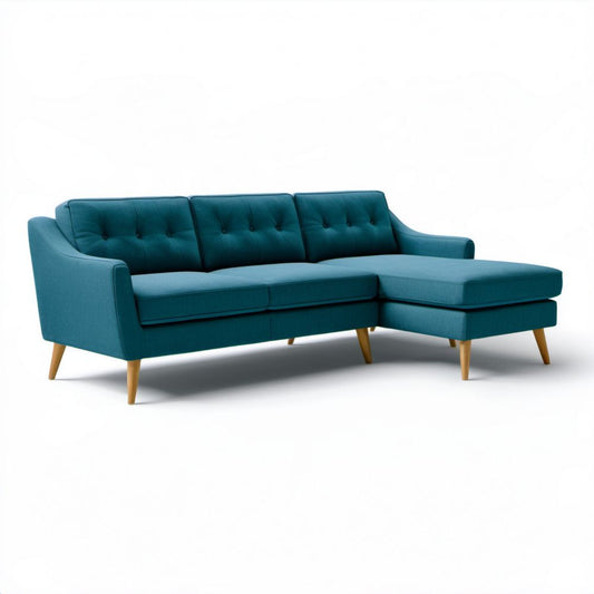 Turkusowa sofa narożna z prawym szezlongiem, tapicerka poliestrowa, 230 × 145 × 85 cm