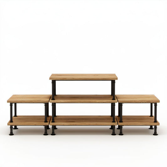 Zestaw 4 prostokątnych stolików kawowych z drewna sosnowego i czarnej stali, 200 x 60 x 90 cm