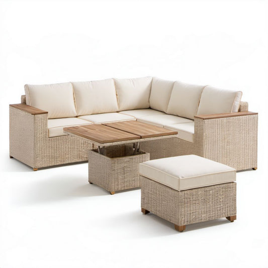 3-częściowy narożny zestaw mebli ogrodowych z technorattanu, beżowy/kremowy, sofa 230 × 230 cm