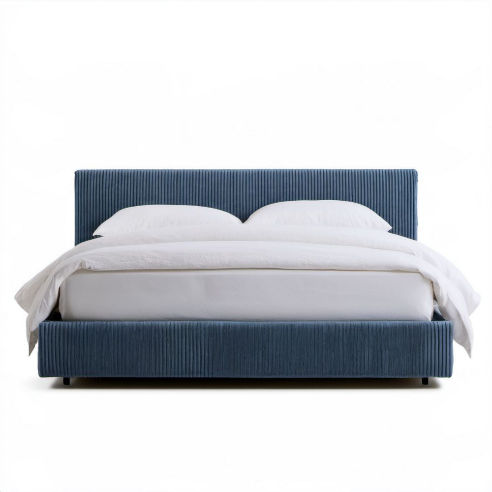 Granatowe łóżko tapicerowane ze sztruksu 160 x 200 cm, 176 x 215 x 110 cm