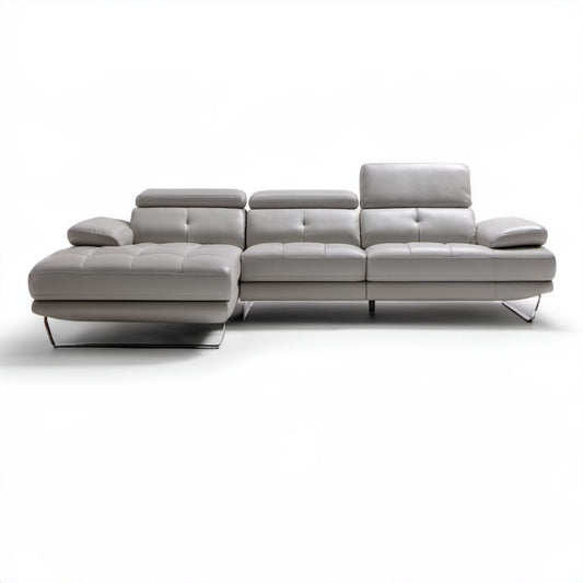 Jasnoszara sofa narożna ze skórą PU, lewostronnym szezlongiem i chromowanymi nogami, 300 × 170 × 85 cm